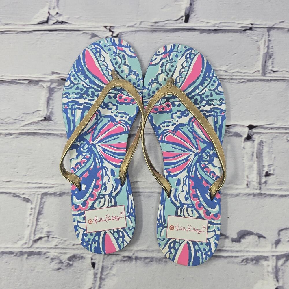 Lilly Pulitzer For Target Size 8 Sandals Flip Flop Gold Blue Pink